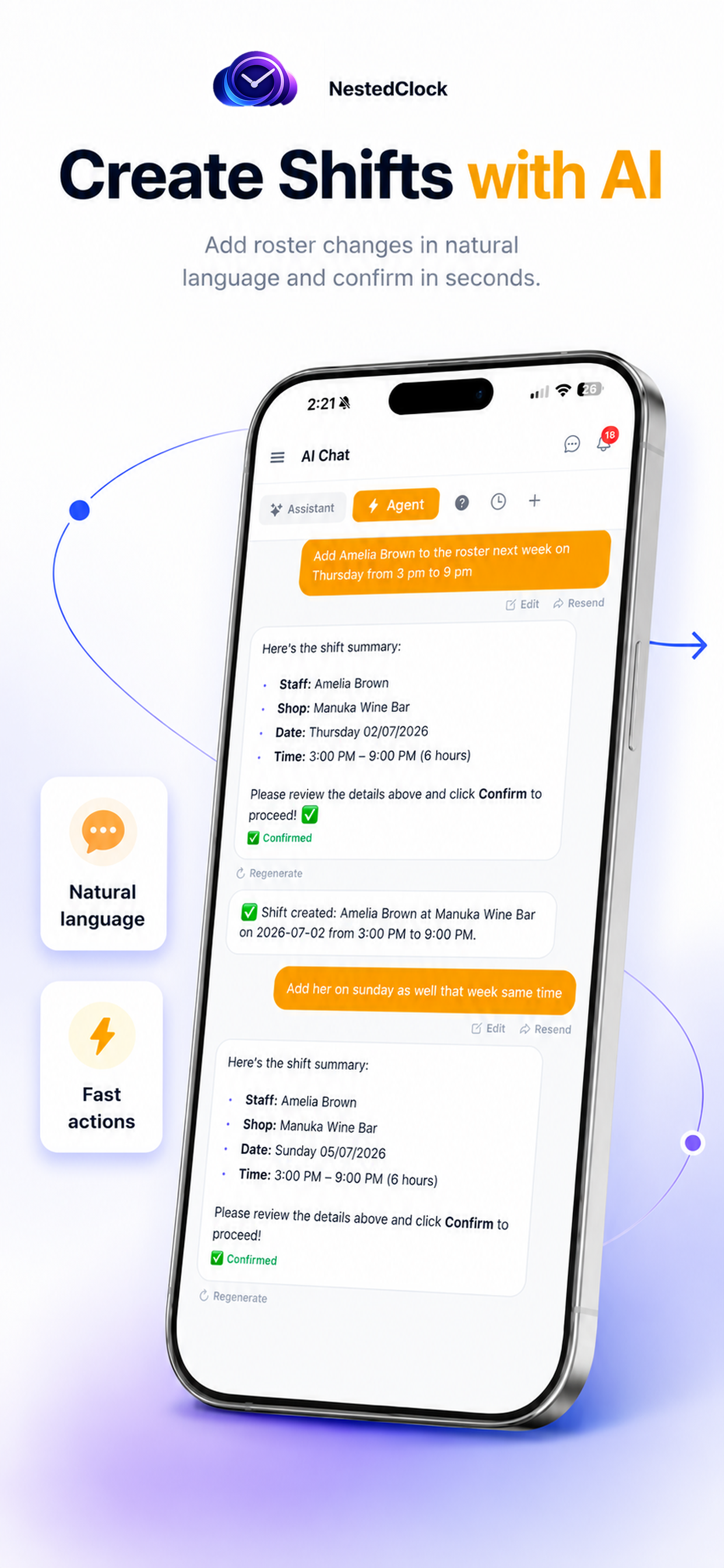 NestedClock AI agent creating shifts from a chat message