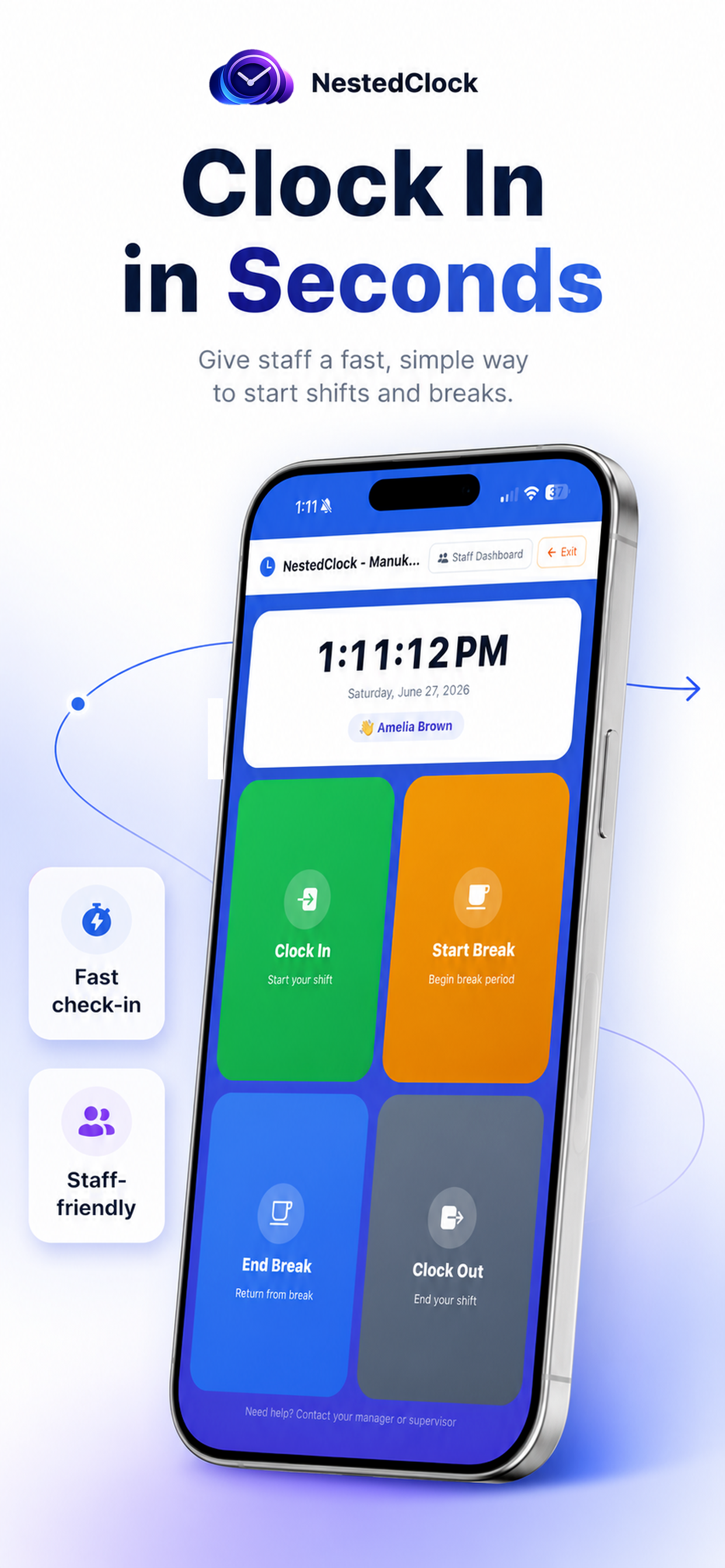 NestedClock free time clock kiosk mode — staff PIN entry screen