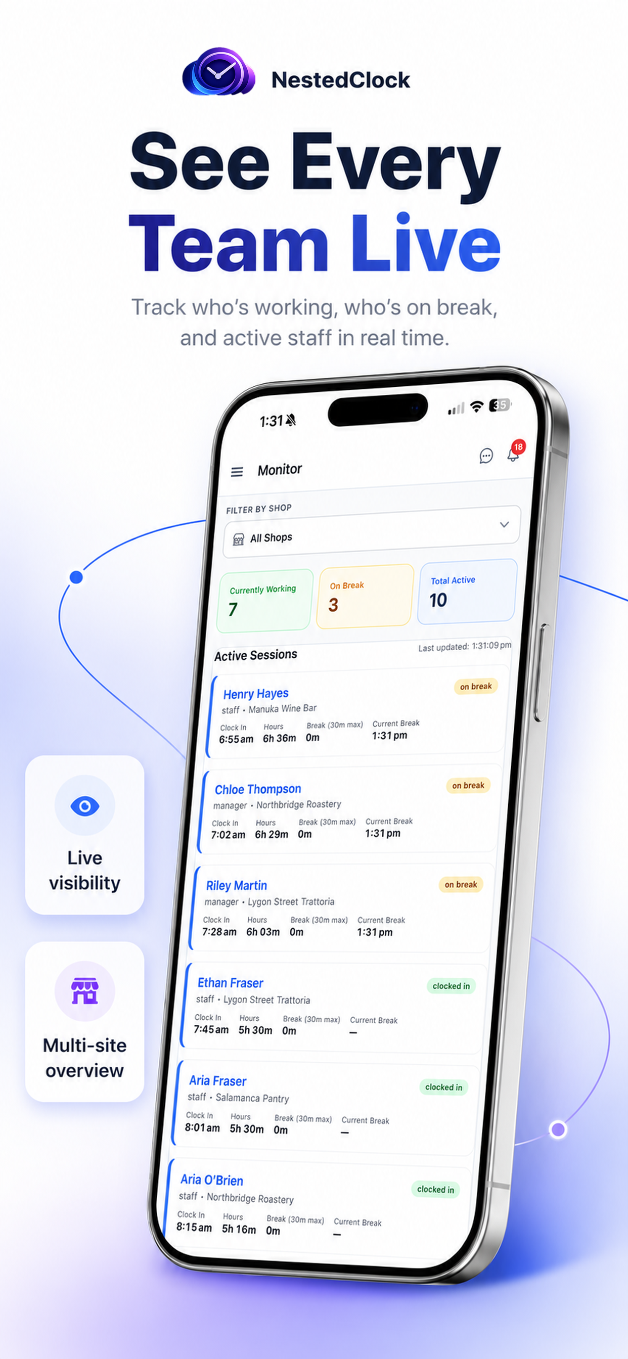 Live attendance screen in the NestedClock app