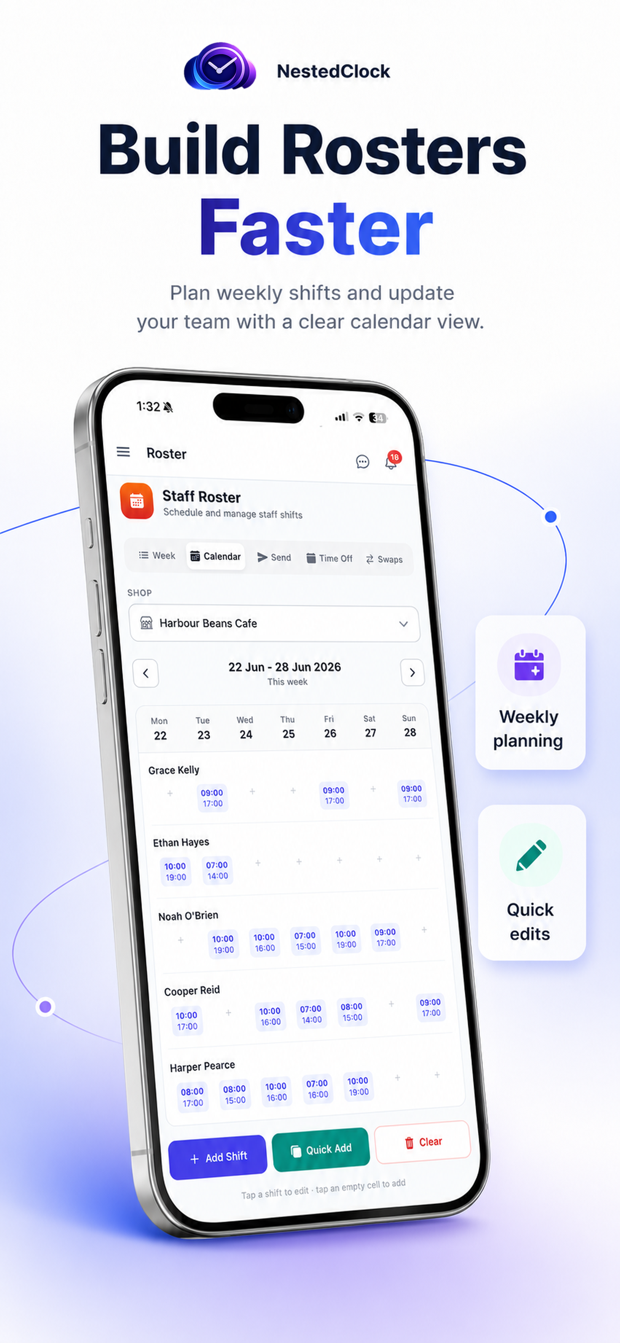 NestedClock employee rostering software — weekly roster view with drag-and-drop scheduling