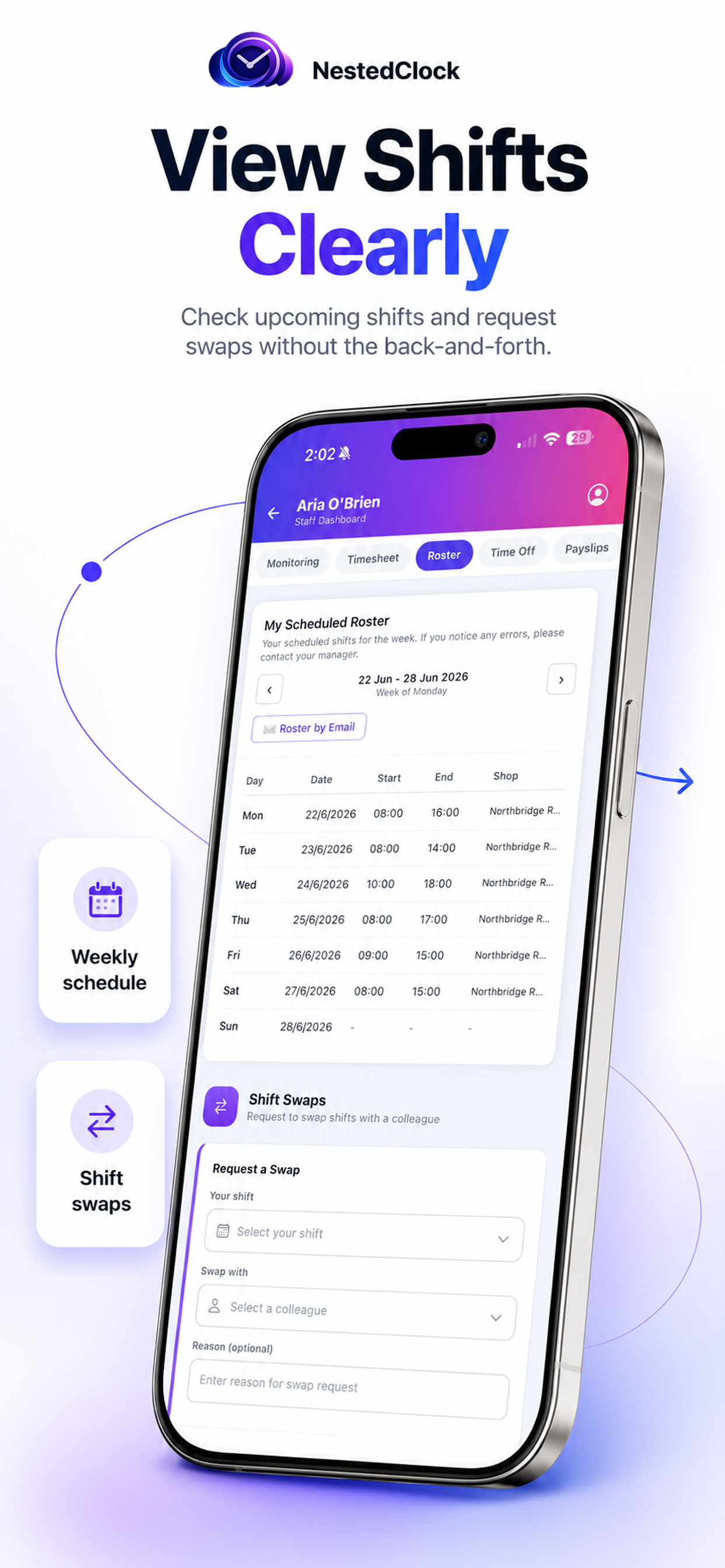 Shift schedule screen in the NestedClock app