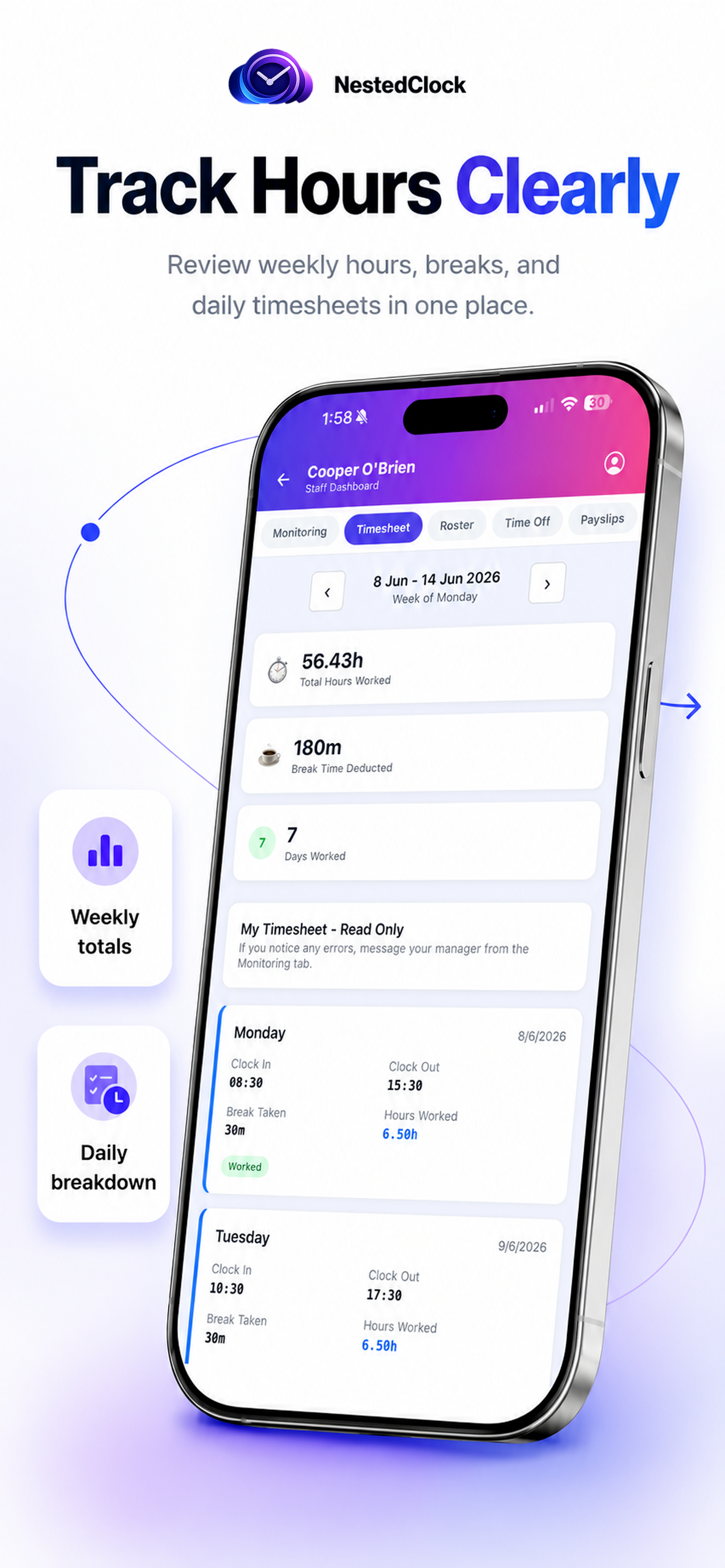 Staff timesheet screen in the NestedClock app